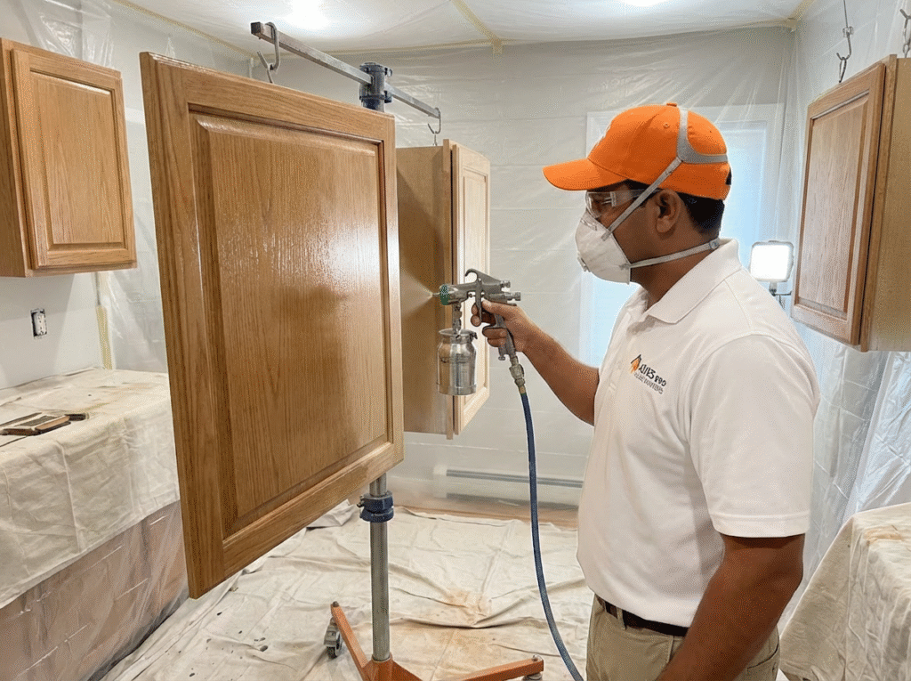 Professional cabinet painting with spray enamel finish in a Connecticut kitchen