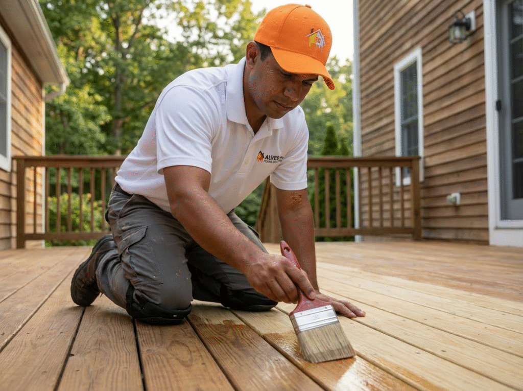 Deck staining and painting service on a Connecticut residential wood deck