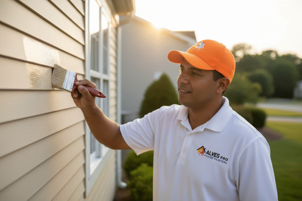 Exterior house painter painting siding on a Connecticut home