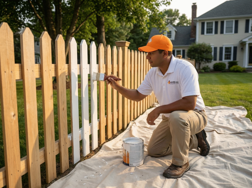 Fence staining service on a residential wood fence in Connecticut