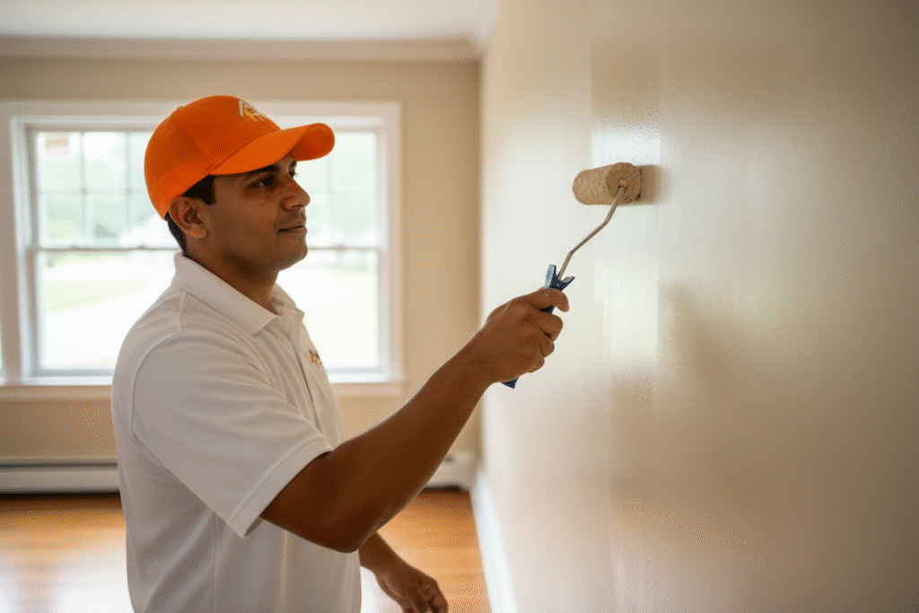 Professional interior house painter applying low-VOC paint on a Connecticut home wall