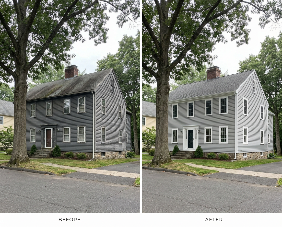 Exterior painting in West Hartford, CT — soft-wash + two-coat system — Alves Pro House Painters.
