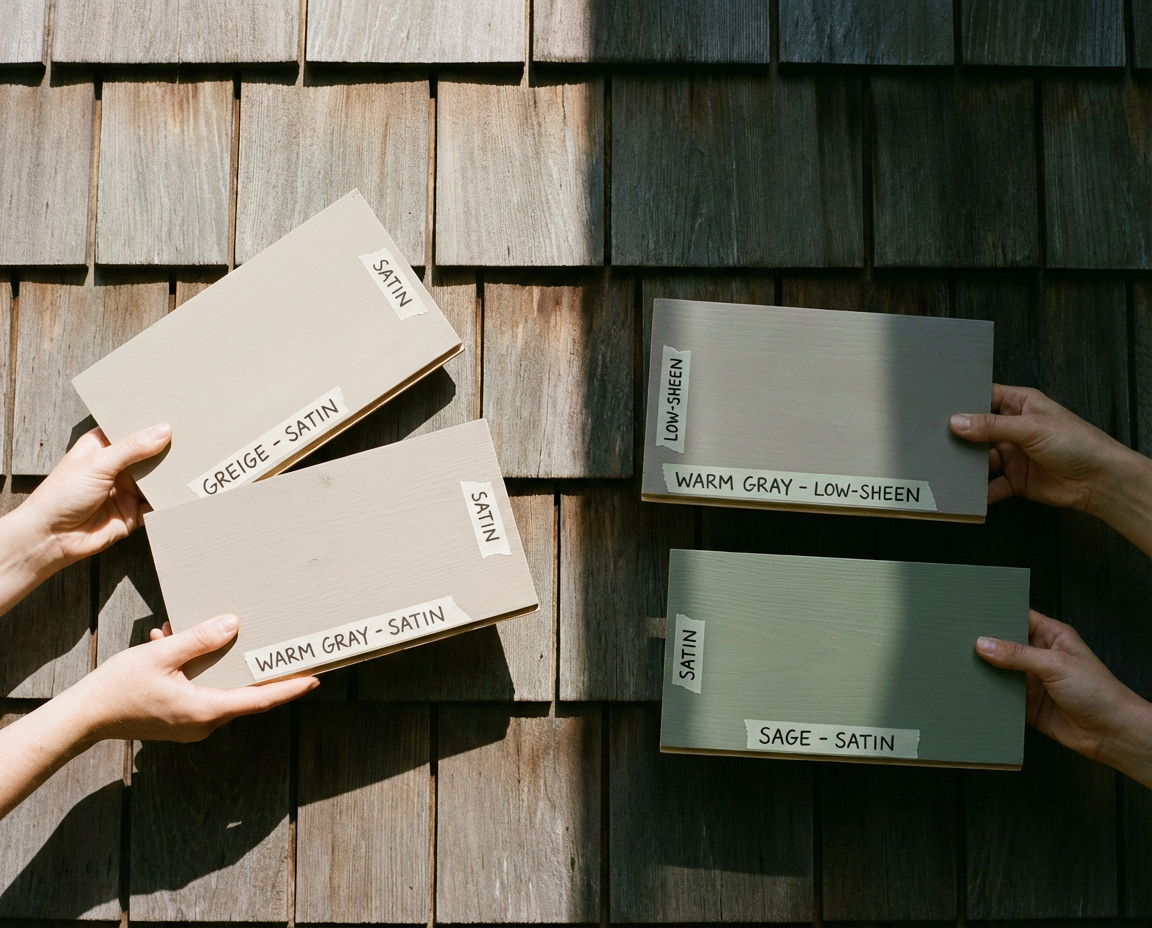 Exterior paint sample boards in sun and shade — sheen choices for CT homes — Alves Pro House Painters.