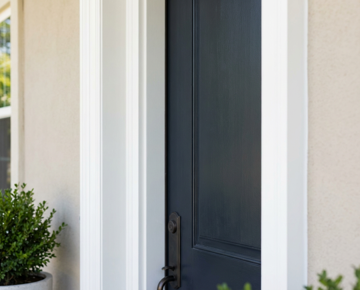 Exterior trim and front door accents in New Haven County, CT — crisp white trim lines and clean door detailing — Alves Pro House Painters.