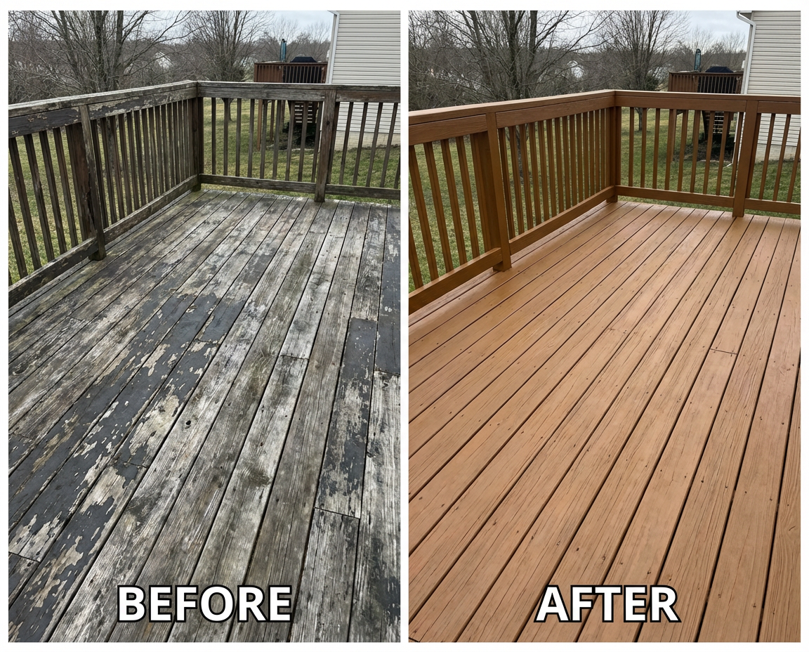 Deck restoration before and after in New London County, CT — same camera comparison showing improved sheen and uniform finish — Alves Pro House Painters.