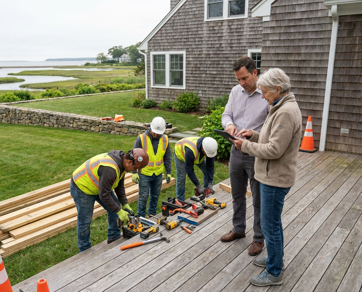 Deck staining weather window in New London County, CT — 50–85°F surface temp, 15–18% moisture, and 24–48 hours rain protection — Alves Pro House Painters.