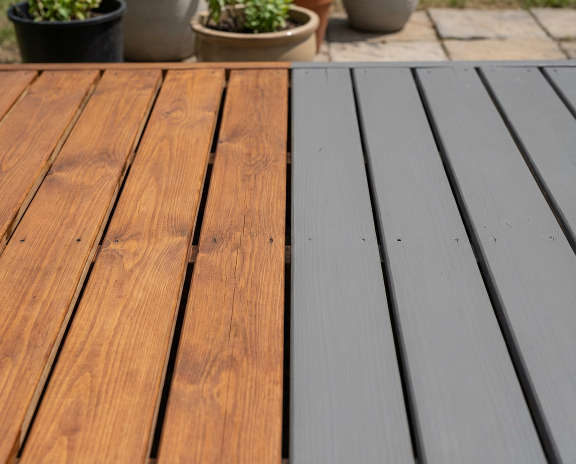 Deck staining stain vs solid comparison in New London County, CT — board finish comparison for semi-transparent stain and solid color deck paint — Alves Pro House Painters.