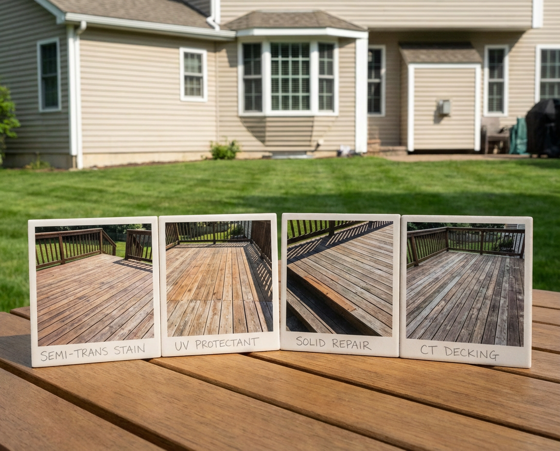 Deck staining exposure snapshots in New London County, CT — before/after tiles showing shade, sun, and mixed conditions — Alves Pro House Painters.