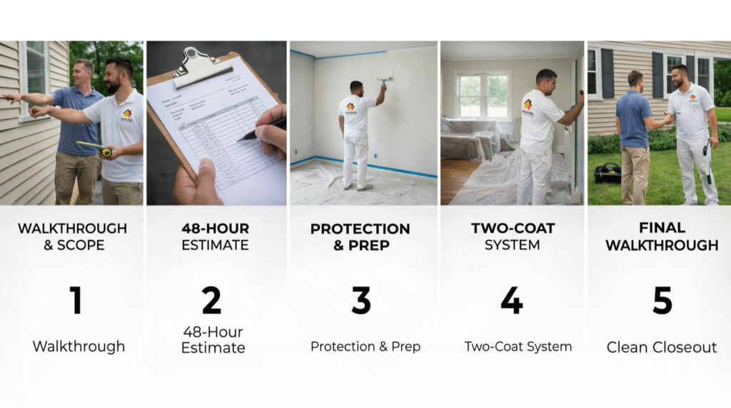 Five-step professional house painting process showing walkthrough, estimate, prep, two-coat application, and final walkthrough