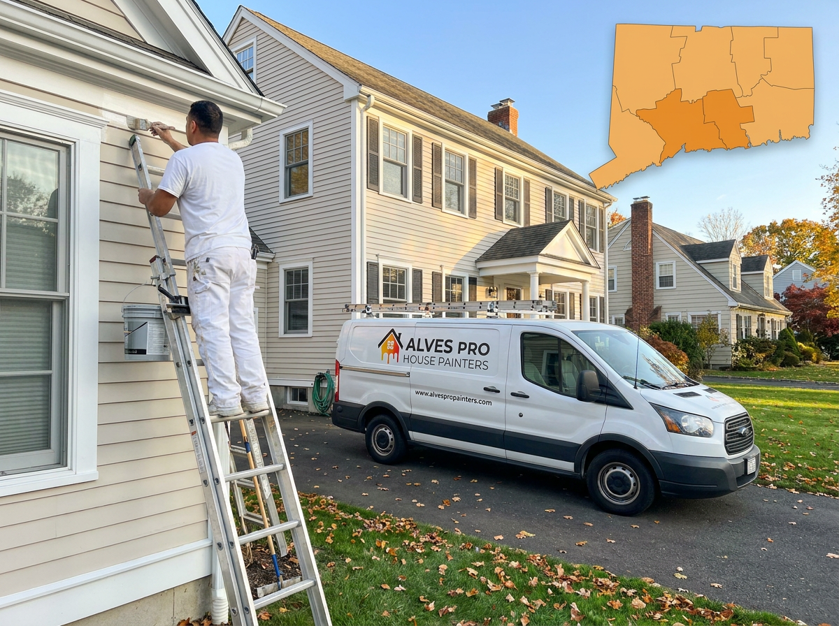 Alves Pro painter working on a New Haven County, CT home exterior with branded van, ladder and county service map
