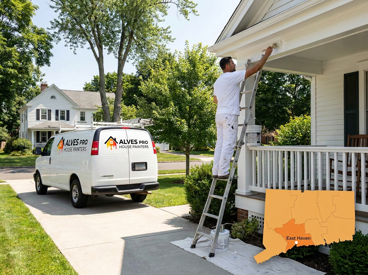 Alves Pro painter working on an East Haven, CT home exterior with branded van, ladder and local service map