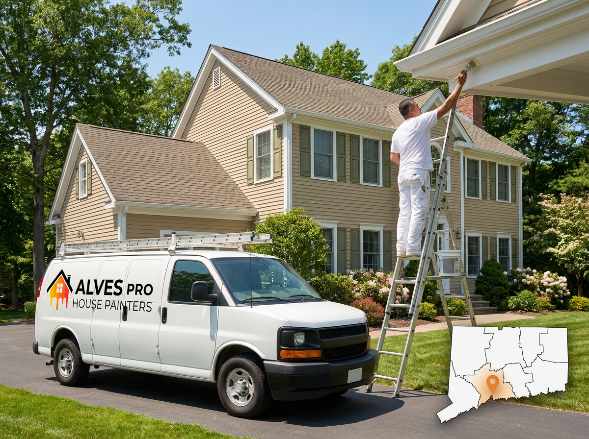 Alves Pro painter working on an Orange, CT home exterior with company van, ladder and local service map