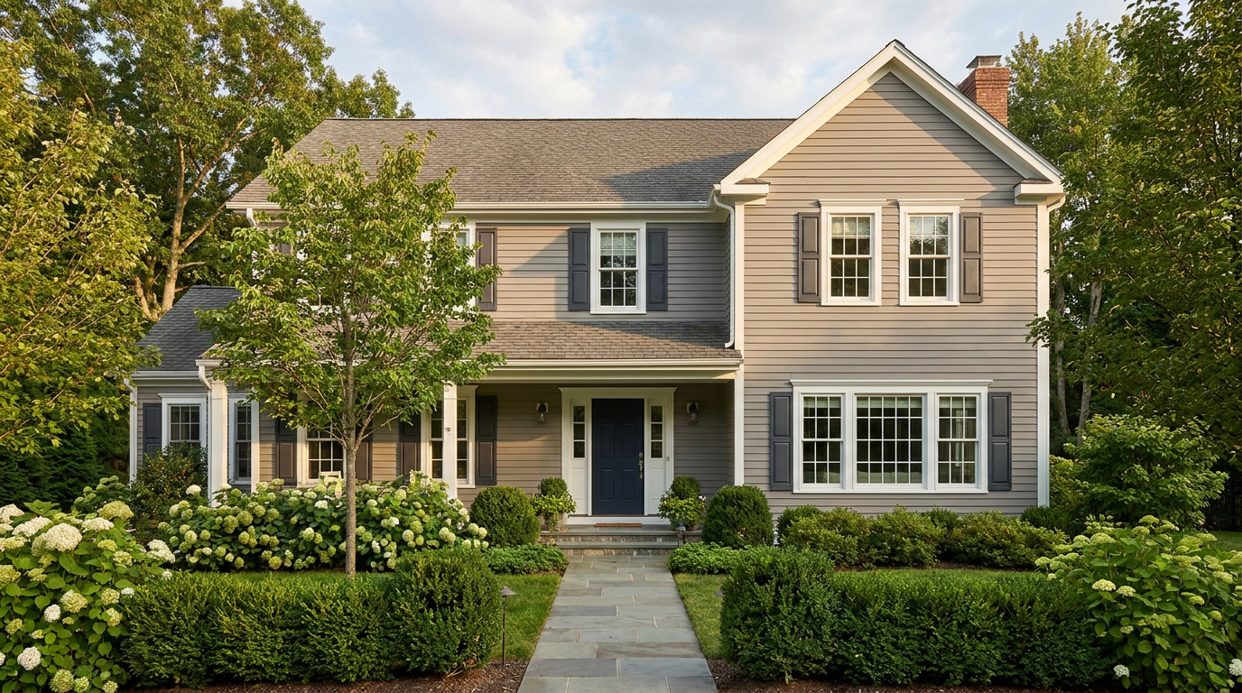 Finished Exterior Paint System for a New Haven County Home Finished exterior paint system on a New Haven County home with lush landscaping