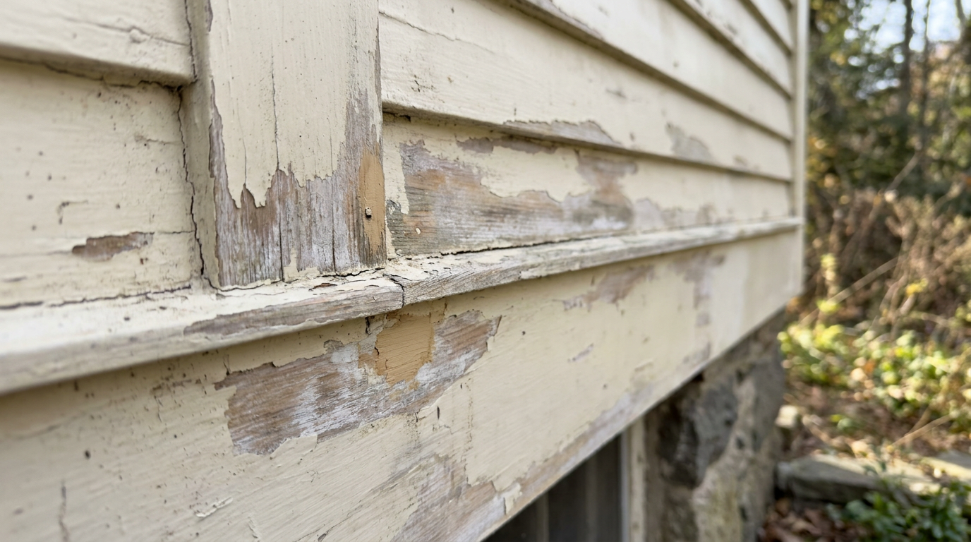Surface prep detail on older painted wood before exterior repainting