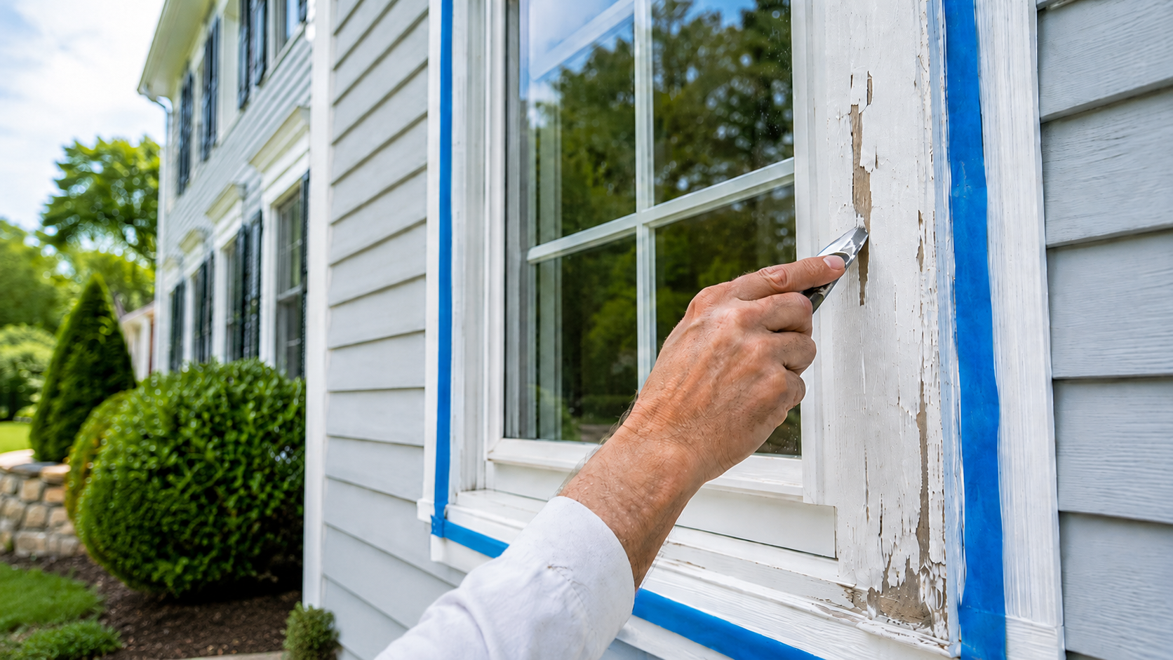 Exterior trim preparation showing why prep affects house painting timelines