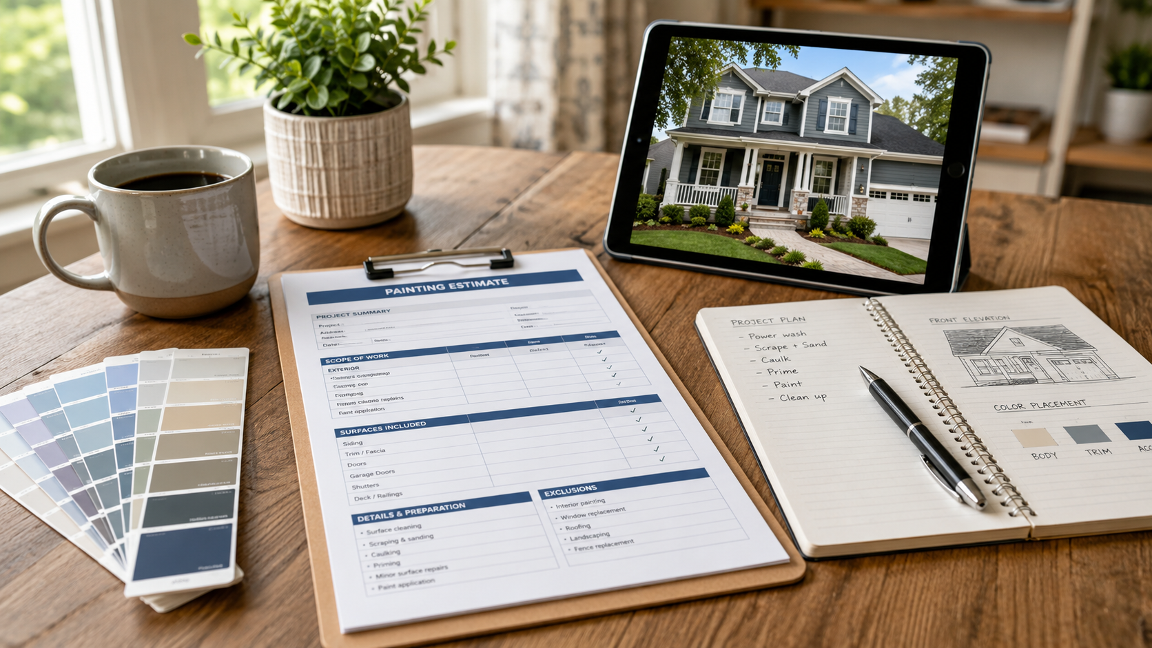 Home renovation planning desk setup for reviewing painting estimate scope