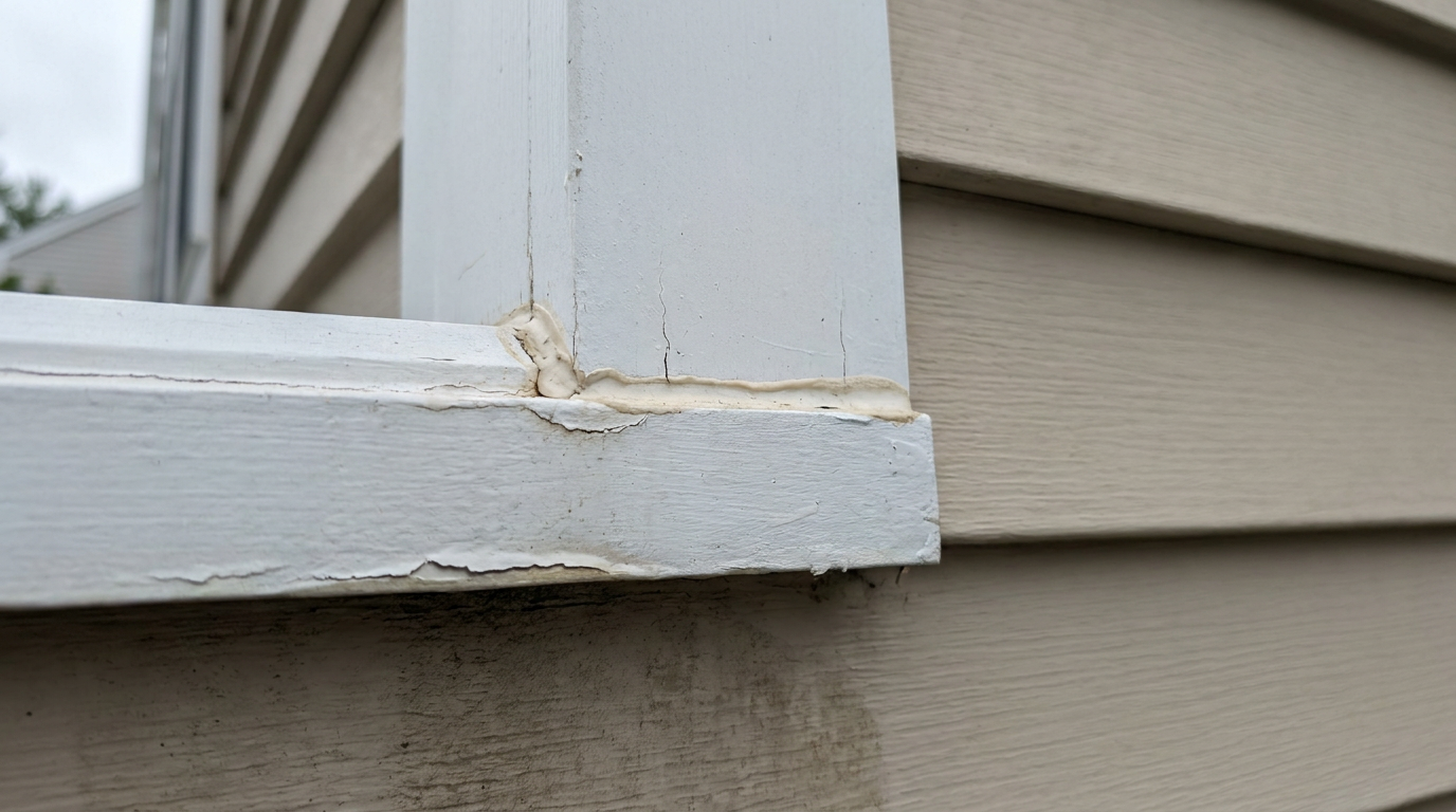 Moisture-prone exterior trim joints showing early paint failure detail