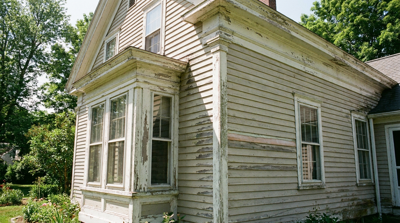 Older home architectural trim and fascia detail prepared before exterior painting