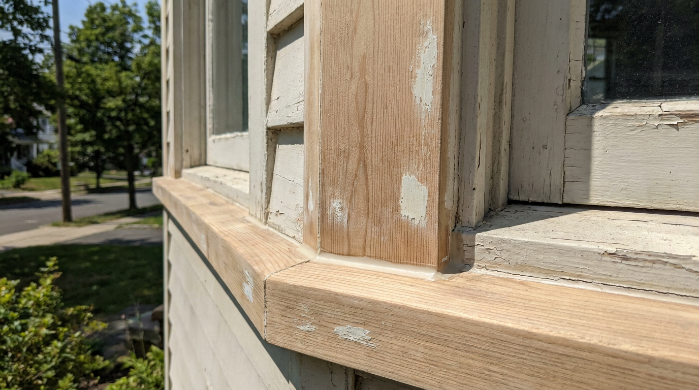 Caulking joints and paint-ready stabilization area on an older home exterior