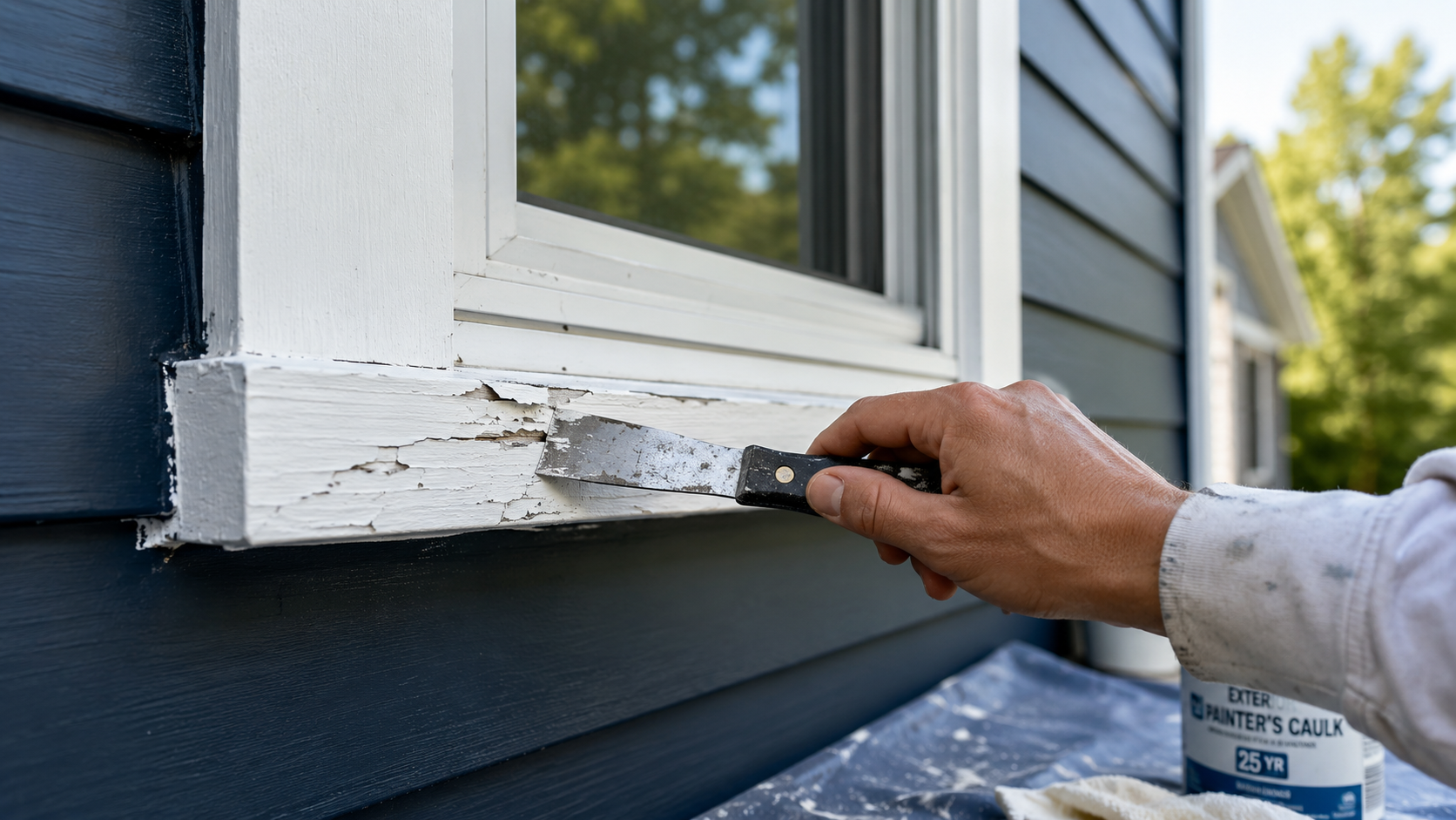 Prepping a house for new paint before a professional painting project