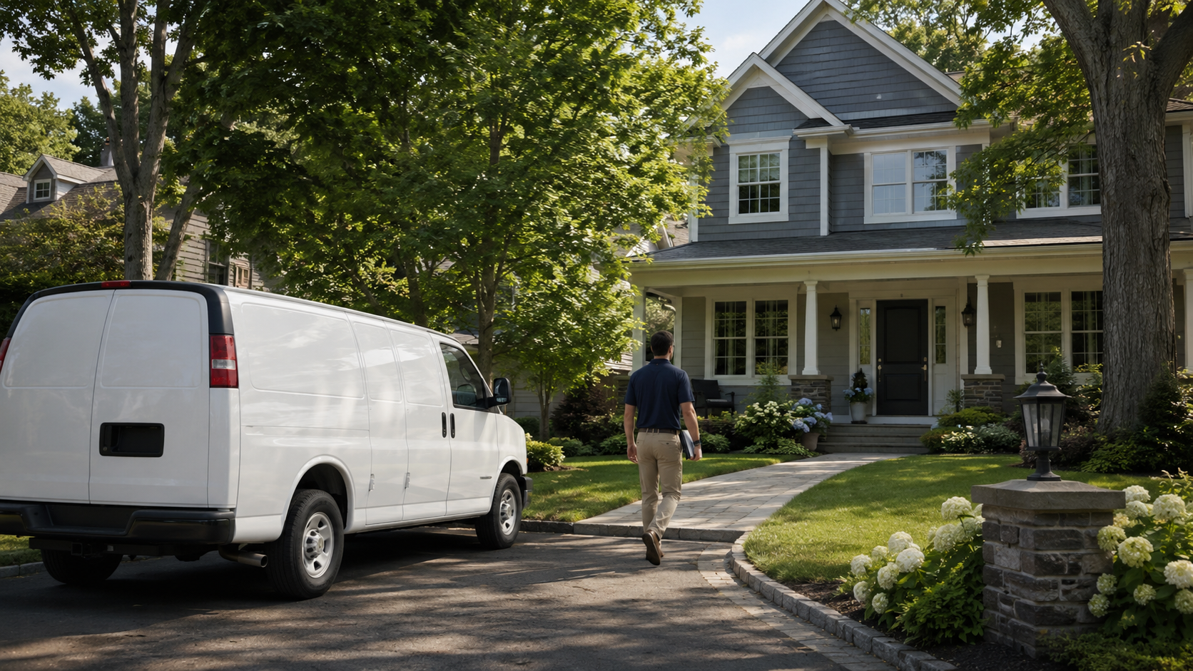 Painting estimator walking up to a cozy home for a clearer project estimate