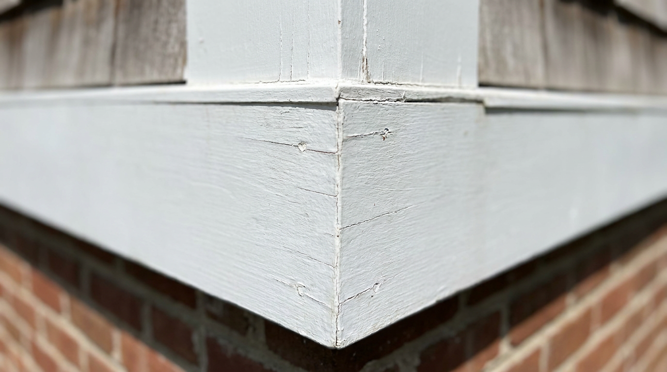 Wood trim detail showing earlier repaint cycle wear on an exterior surface