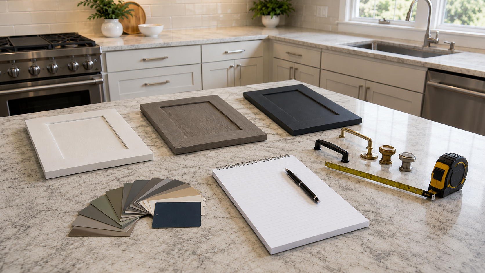 Cabinet refinishing and replacement decision materials on a kitchen countertop in Connecticut