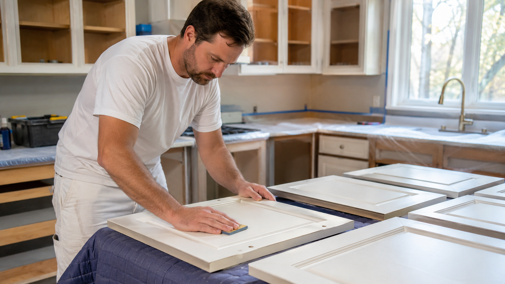 Professional cabinet refinishing prep inside a clean Connecticut kitchen