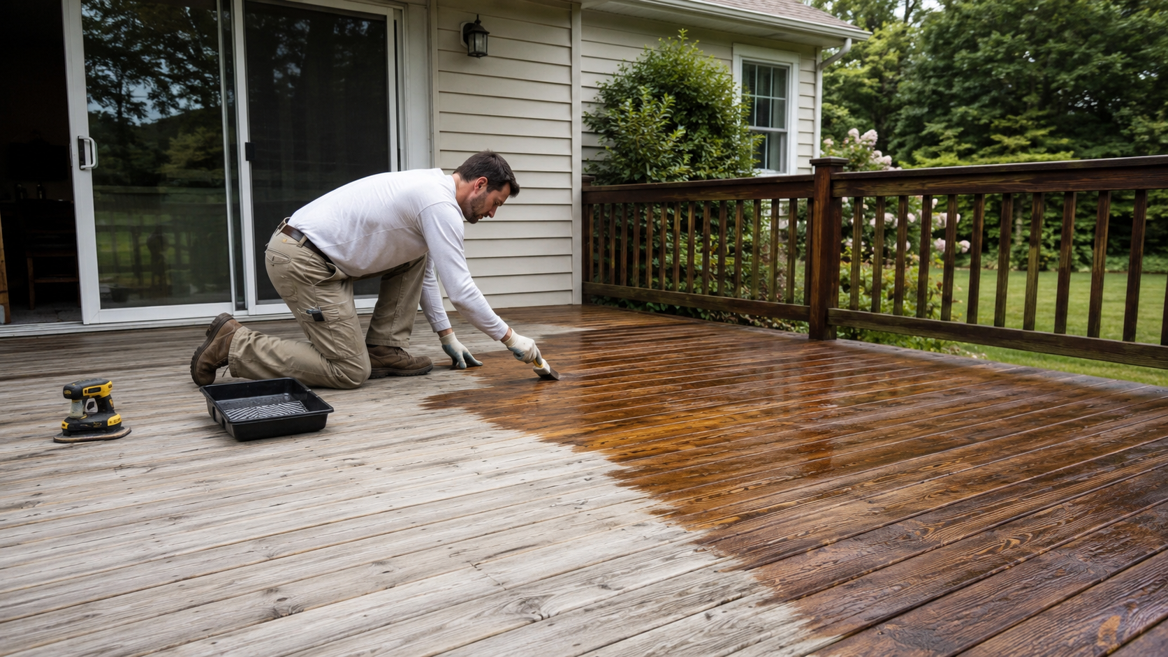 Professional worker restoring and staining a weathered deck in Connecticut