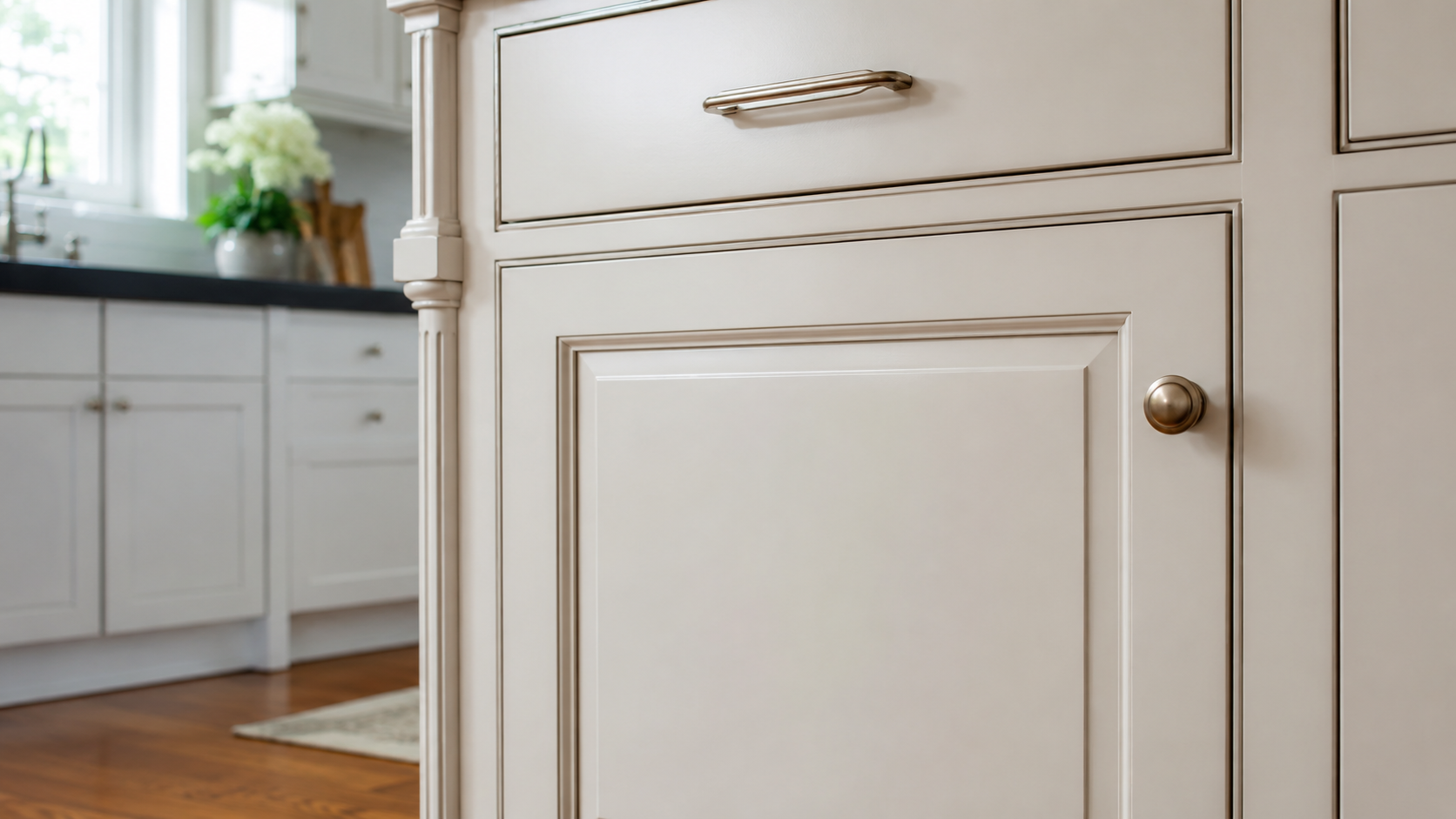 Factory smooth refinished cabinet finish with clean edges and elegant hardware