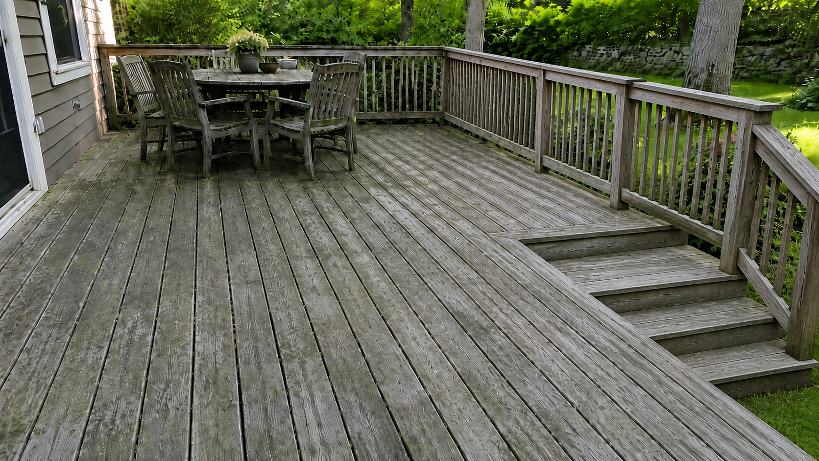 Weathered gray deck boards with subtle mildew in a Connecticut backyard
