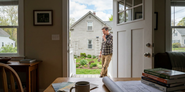 Painter standing outside an open doorway while comparing whether to start with interior or exterior painting