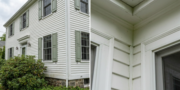 Home exterior with siding discoloration, dark moisture streaks and vulnerable trim corners exposed to water buildup
